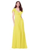 RightBrides Chante Yellow A-Line V-Neck Cap Sleeves Long Bridesmaid Dress