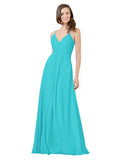 Aqua A-Line V-Neck Spaghetti Straps Sleeveless Long Bridesmaid Dress Kari