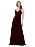 Burgundy Gold A-Line V-Neck Spaghetti Straps Sleeveless Long Bridesmaid Dress Kari