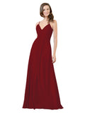 Burgundy A-Line V-Neck Spaghetti Straps Sleeveless Long Bridesmaid Dress Kari