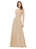 Champagne A-Line V-Neck Spaghetti Straps Sleeveless Long Bridesmaid Dress Kari