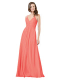 Coral A-Line V-Neck Spaghetti Straps Sleeveless Long Bridesmaid Dress Kari