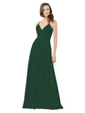 Dark Green A-Line V-Neck Spaghetti Straps Sleeveless Long Bridesmaid Dress Kari