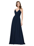 Dark Navy A-Line V-Neck Spaghetti Straps Sleeveless Long Bridesmaid Dress Kari