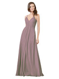 Dusty Rose A-Line V-Neck Spaghetti Straps Sleeveless Long Bridesmaid Dress Kari