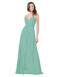 Jade A-Line V-Neck Spaghetti Straps Sleeveless Long Bridesmaid Dress Kari