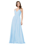 Light Sky Blue A-Line V-Neck Spaghetti Straps Sleeveless Long Bridesmaid Dress Kari