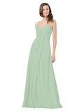 Sage A-Line V-Neck Spaghetti Straps Sleeveless Long Bridesmaid Dress Kari