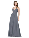 Slate Grey A-Line V-Neck Spaghetti Straps Sleeveless Long Bridesmaid Dress Kari