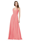 Watermelon A-Line V-Neck Spaghetti Straps Sleeveless Long Bridesmaid Dress Kari