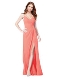 RightBrides Bradi Coral A-Line Spaghetti Straps Sleeveless Long Bridesmaid Dress