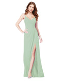 RightBrides Bradi Sage A-Line Spaghetti Straps Sleeveless Long Bridesmaid Dress