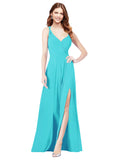 RightBrides Ofelia Aqua A-Line Spaghetti Straps V-Neck Sleeveless Long Bridesmaid Dress