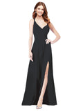 RightBrides Ofelia Black A-Line Spaghetti Straps V-Neck Sleeveless Long Bridesmaid Dress