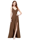 RightBrides Ofelia Brown A-Line Spaghetti Straps V-Neck Sleeveless Long Bridesmaid Dress