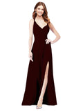 RightBrides Ofelia Burgundy Gold A-Line Spaghetti Straps V-Neck Sleeveless Long Bridesmaid Dress