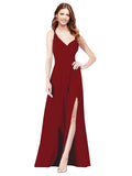 RightBrides Ofelia Burgundy A-Line Spaghetti Straps V-Neck Sleeveless Long Bridesmaid Dress