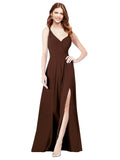 RightBrides Ofelia Chocolate A-Line Spaghetti Straps V-Neck Sleeveless Long Bridesmaid Dress