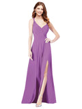 RightBrides Ofelia Dahlia A-Line Spaghetti Straps V-Neck Sleeveless Long Bridesmaid Dress