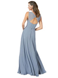 RightBrides Ofelia Dusty Blue A-Line Spaghetti Straps V-Neck Sleeveless Long Bridesmaid Dress