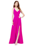 RightBrides Ofelia Fuchsia A-Line Spaghetti Straps V-Neck Sleeveless Long Bridesmaid Dress