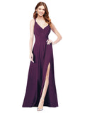 RightBrides Ofelia Grape A-Line Spaghetti Straps V-Neck Sleeveless Long Bridesmaid Dress