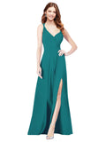 RightBrides Ofelia Hunter A-Line Spaghetti Straps V-Neck Sleeveless Long Bridesmaid Dress