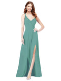 RightBrides Ofelia Icelandic Silver A-Line Spaghetti Straps V-Neck Sleeveless Long Bridesmaid Dress