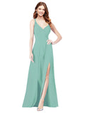 RightBrides Ofelia Jade A-Line Spaghetti Straps V-Neck Sleeveless Long Bridesmaid Dress