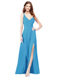 RightBrides Ofelia Peacock Blue A-Line Spaghetti Straps V-Neck Sleeveless Long Bridesmaid Dress