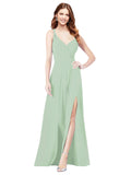 RightBrides Ofelia Sage A-Line Spaghetti Straps V-Neck Sleeveless Long Bridesmaid Dress