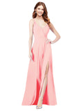 RightBrides Ofelia Salmon A-Line Spaghetti Straps V-Neck Sleeveless Long Bridesmaid Dress