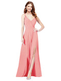 RightBrides Ofelia Watermelon A-Line Spaghetti Straps V-Neck Sleeveless Long Bridesmaid Dress