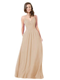 Champagne A-Line V-Neck Sleeveless Long Bridesmaid Dress Keeley