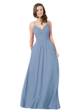 Dusty Blue A-Line V-Neck Sleeveless Long Bridesmaid Dress Keeley