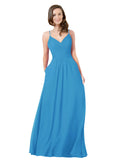 Peacock Blue A-Line V-Neck Sleeveless Long Bridesmaid Dress Keeley