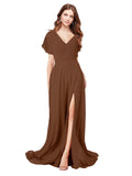 RightBrides Marisol Brown A-Line V-Neck Cap Sleeves Long Bridesmaid Dress