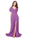 RightBrides Marisol Dahlia A-Line V-Neck Cap Sleeves Long Bridesmaid Dress