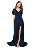 RightBrides Marisol Dark Navy A-Line V-Neck Cap Sleeves Long Bridesmaid Dress