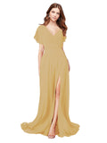 RightBrides Marisol Gold A-Line V-Neck Cap Sleeves Long Bridesmaid Dress