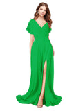 RightBrides Marisol Green A-Line V-Neck Cap Sleeves Long Bridesmaid Dress