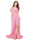 RightBrides Marisol Hot Pink A-Line V-Neck Cap Sleeves Long Bridesmaid Dress