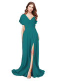 RightBrides Marisol Hunter A-Line V-Neck Cap Sleeves Long Bridesmaid Dress