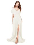 RightBrides Marisol Ivory A-Line V-Neck Cap Sleeves Long Bridesmaid Dress