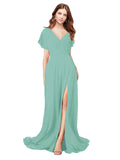 RightBrides Marisol Jade A-Line V-Neck Cap Sleeves Long Bridesmaid Dress