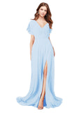 RightBrides Marisol Light Sky Blue A-Line V-Neck Cap Sleeves Long Bridesmaid Dress