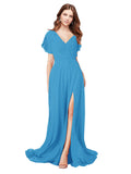 RightBrides Marisol Peacock Blue A-Line V-Neck Cap Sleeves Long Bridesmaid Dress