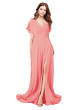 RightBrides Marisol Watermelon A-Line V-Neck Cap Sleeves Long Bridesmaid Dress