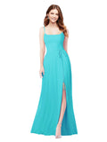 RightBrides Louis Aqua Sheath Square Spaghetti Straps Sleeveless Long Bridesmaid Dress