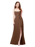 RightBrides Louis Brown Sheath Square Spaghetti Straps Sleeveless Long Bridesmaid Dress